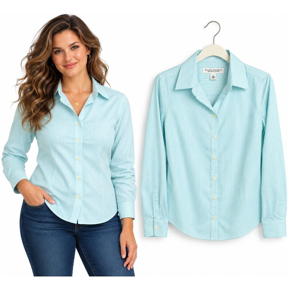 Banana Republic Non Iron Fitted Shirt Size 8 Aqua White Stripe Button Down